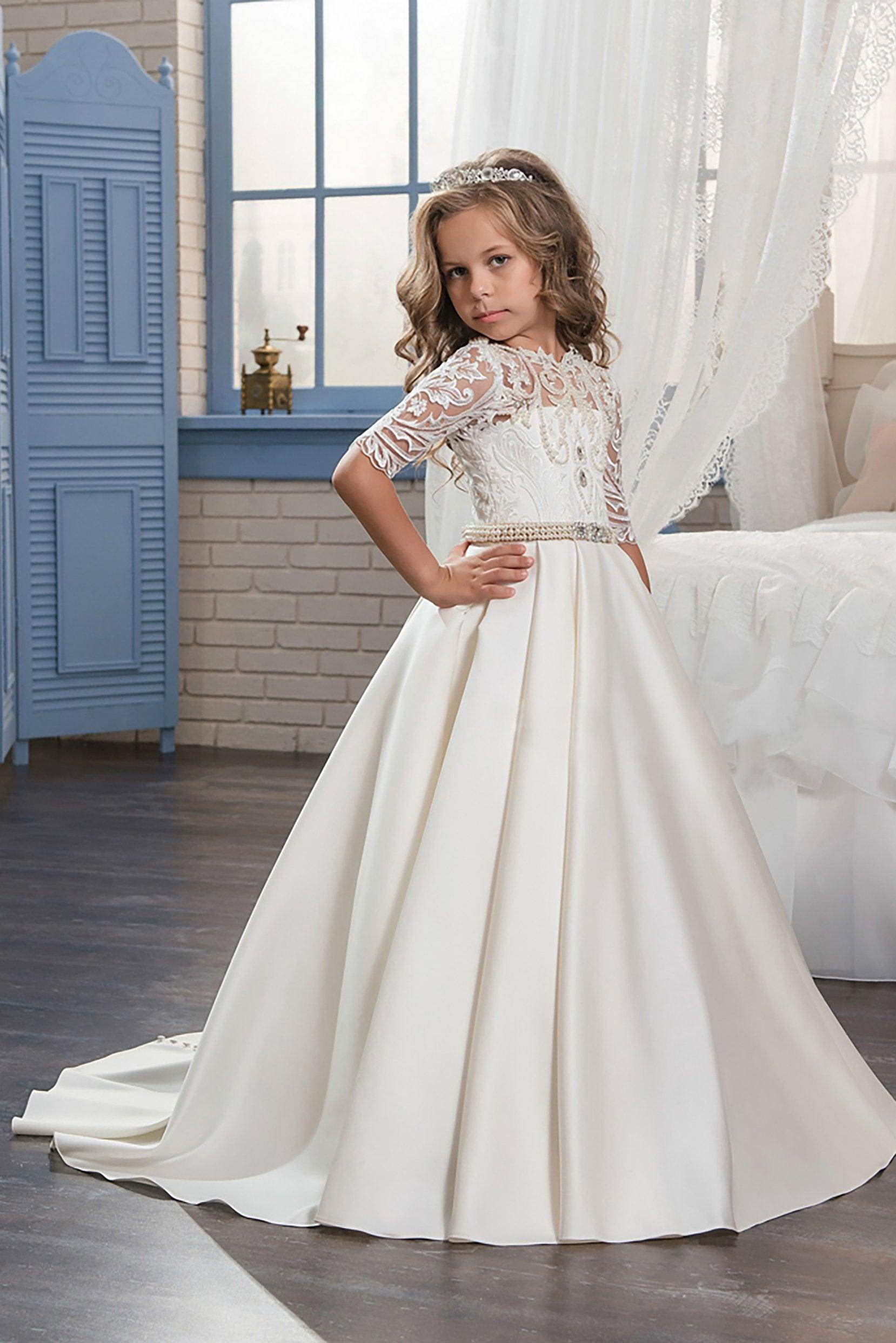 A-Line Floor Length Satin Lace Flower Girl Dress CF0320 - COCOMELODY